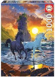 פאזל 1000 חלקים - סוסים חדי קרן דוהרים בשקיעה